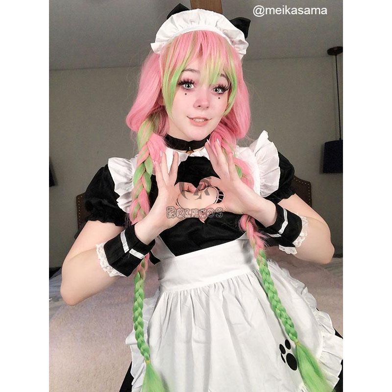 Demon Slayer Kanroji Mitsuri Pink Mixed Green Weave Long Coaplay Wigs