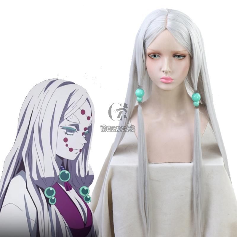 Demon Slayer Rui Spider Mother Silver Long  Cosplay Wigs Free Headdress