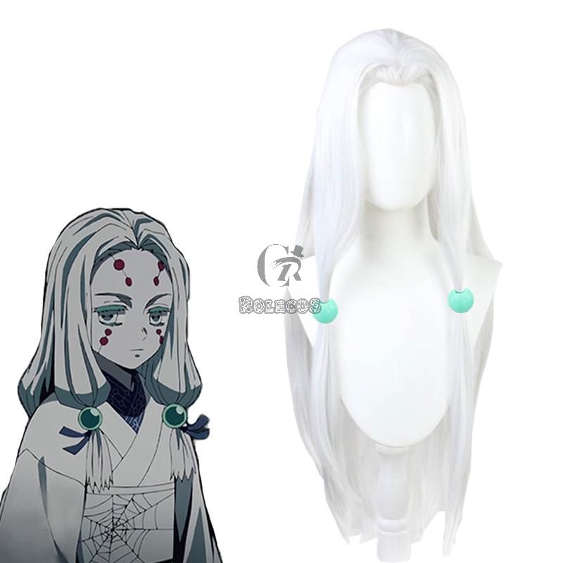 Demon Slayer Rui Spider Sister White Long  Cosplay Wigs Free Headdress 