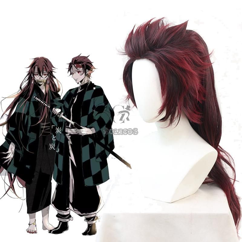Demon Slayer  Tanjirou Kamado Female Red Black  Long Cosplay Wigs