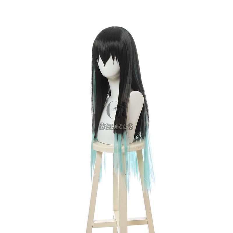 Demon Slayer Tokitou Muichirou Long Straight Green Mixed Black  Cosplay Wigs