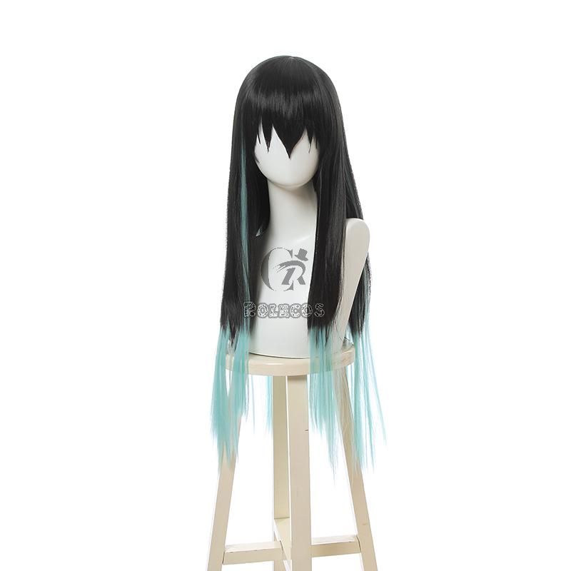 Demon Slayer Tokitou Muichirou Long Straight Green Mixed Black  Cosplay Wigs