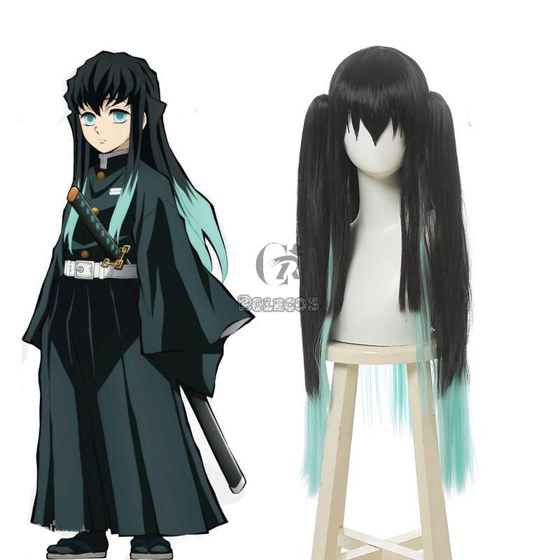 Demon Slayer Tokitou Muichirou Long Straight Green Mixed Black  Cosplay Wigs