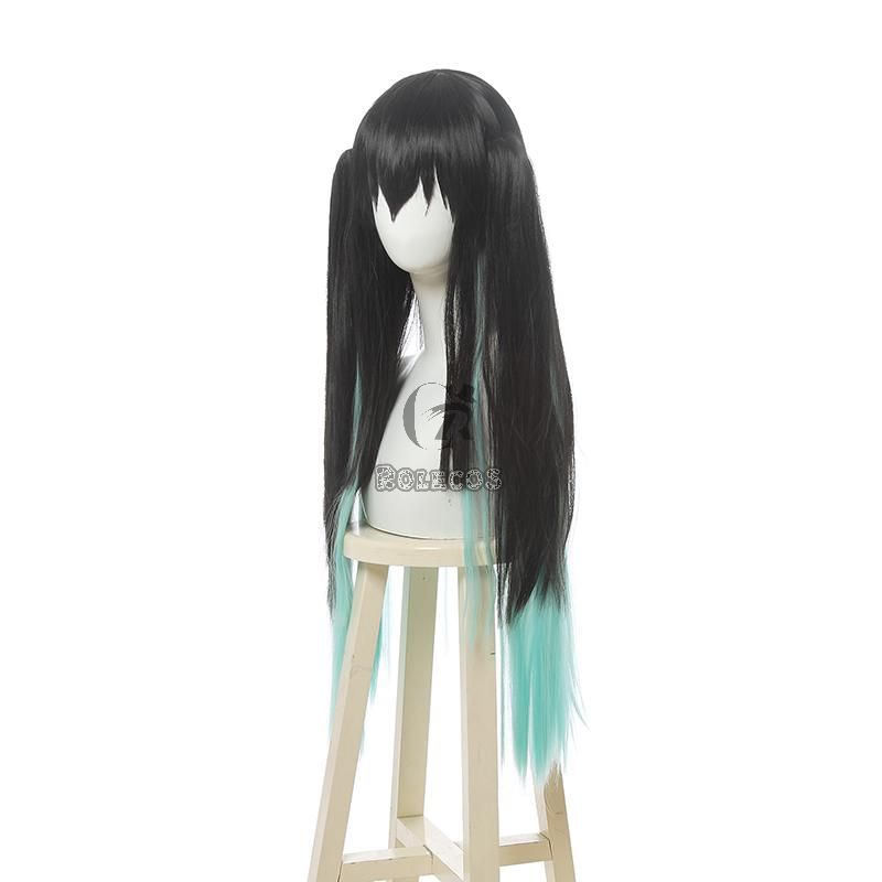 Demon Slayer Tokitou Muichirou Long Straight Green Mixed Black  Cosplay Wigs