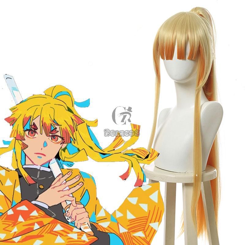 Demon Slayer Zenitsu Agatsuma Female Blonde Long Ponytail Cosplay Wigs