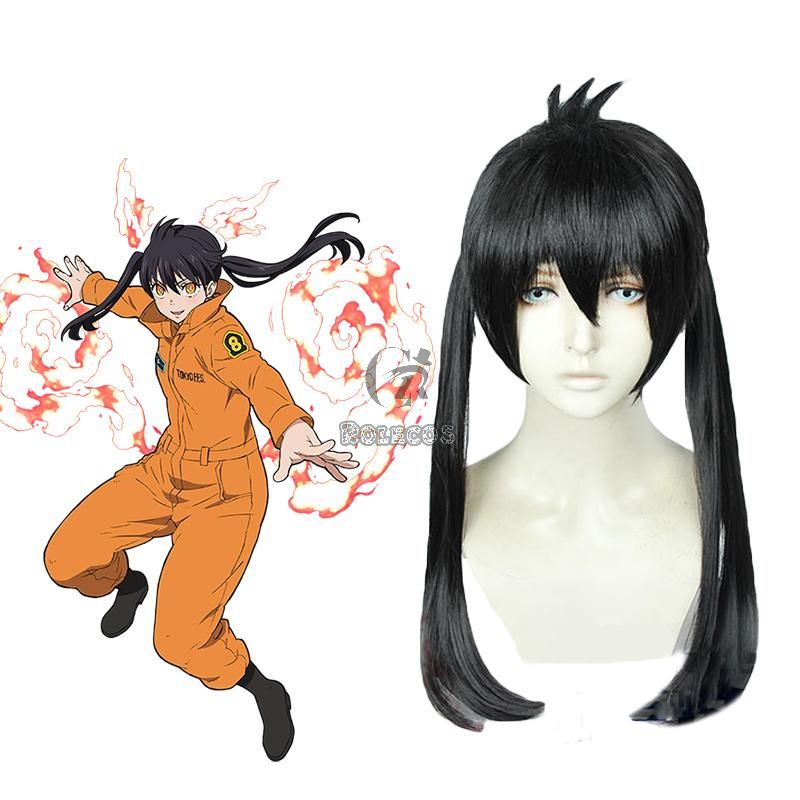 Fire Force Kotatsu Tamaki  Black Long Dual horsetail Cosplay Wigs