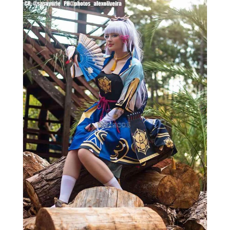 Game Genshin Impact Ayaka Gray Mixed Blue Long Ponytail Cosplay Wigs
