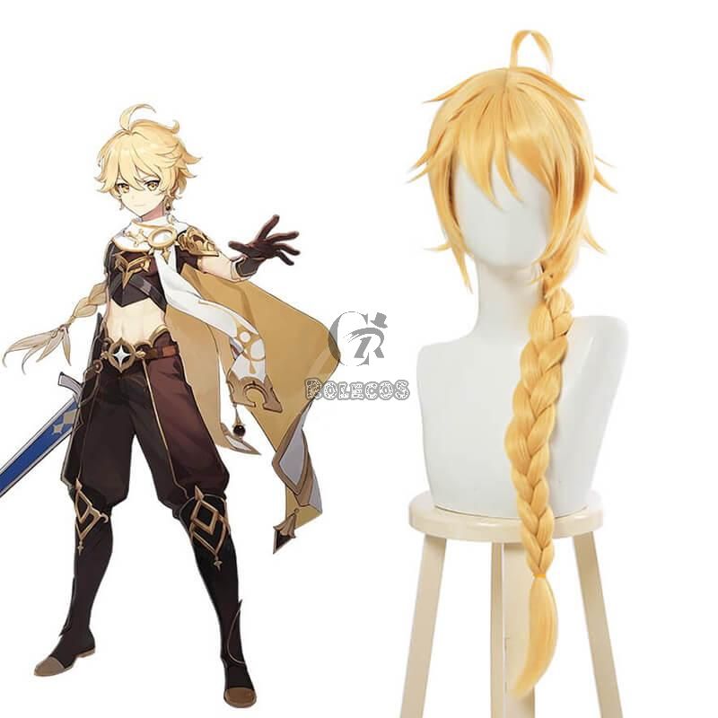 Game Genshin Impact Traveler Aether Blonde Long Braided Cosplay Wigs