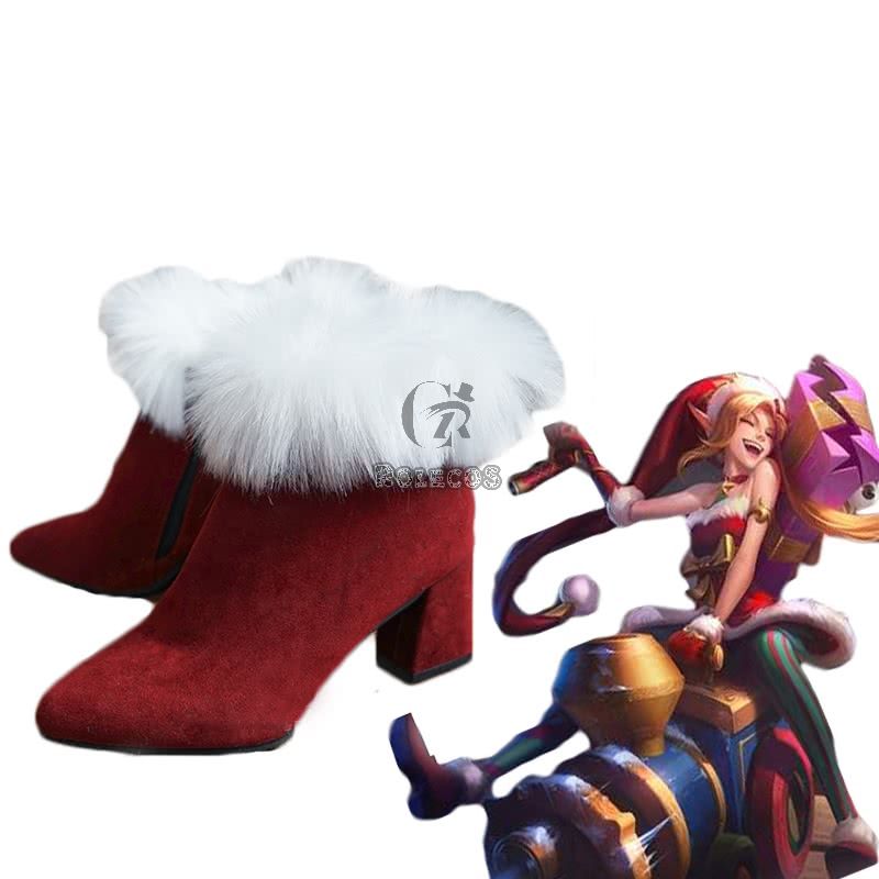 Game LOL Christmas Jinx Red Cosplay Shoes 