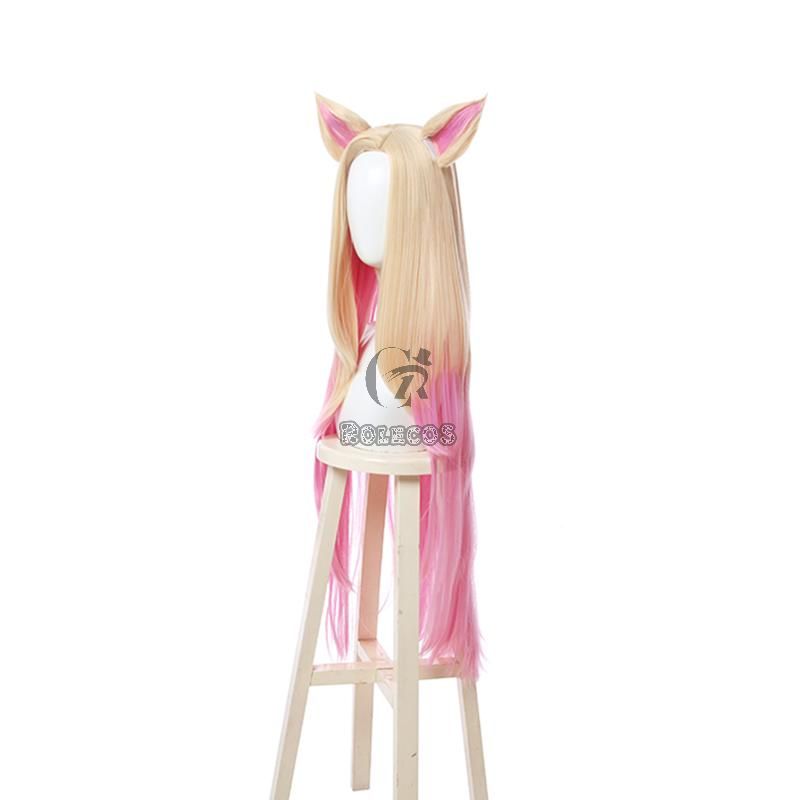 LOL KDA BADDEST Nine Tailed Fox Ahri Blond Mixed Pink Long Cosplay Wigs