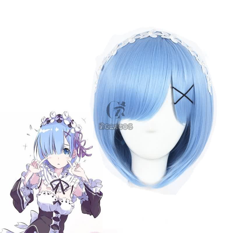 ReZERO -Starting Life in Another World Rem Anime Cosplay Wigs Synthetic Wigs Short Light Blue Bob Hair Wigs