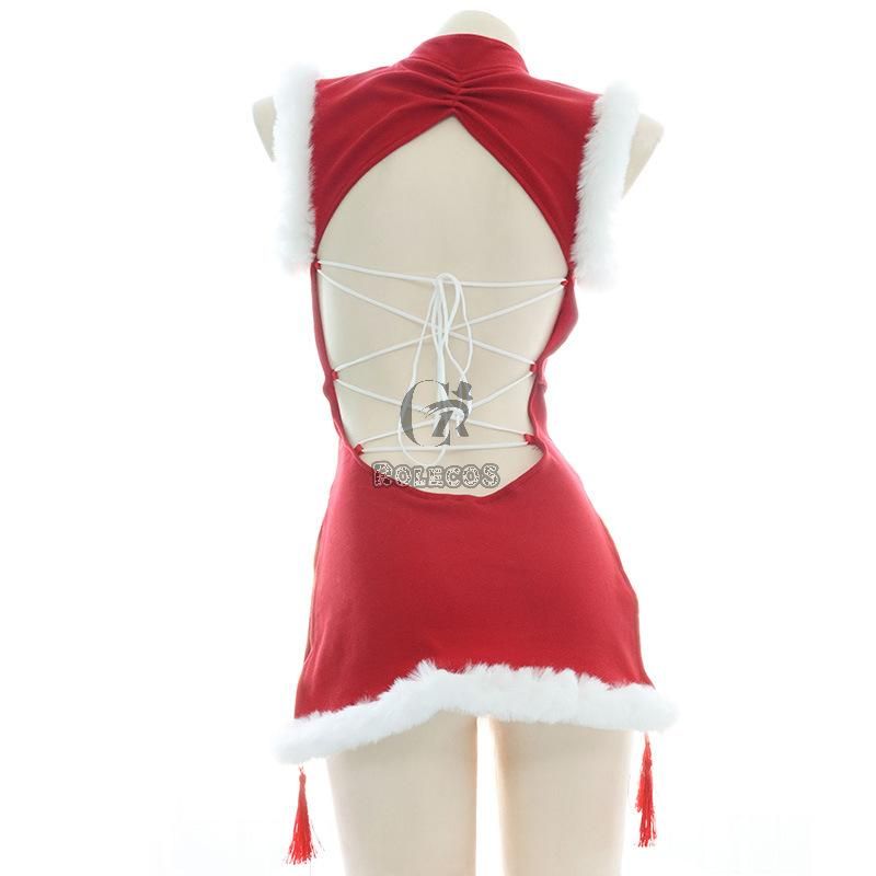 Sexy Backless Red Plush Cheongsam Cosplay Costume