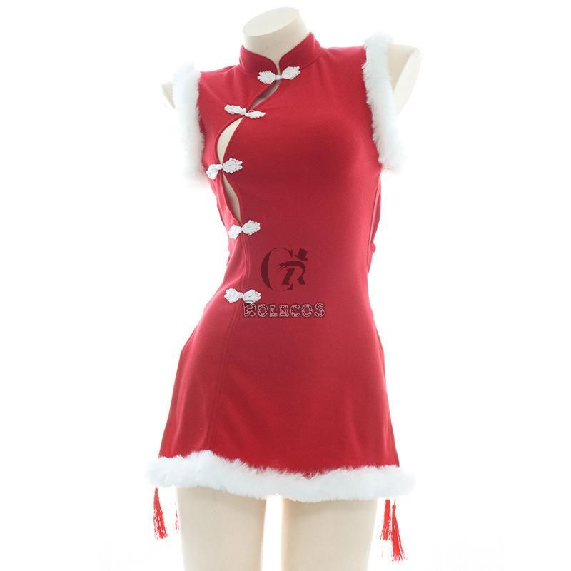 Sexy Backless Red Plush Cheongsam Cosplay Costume