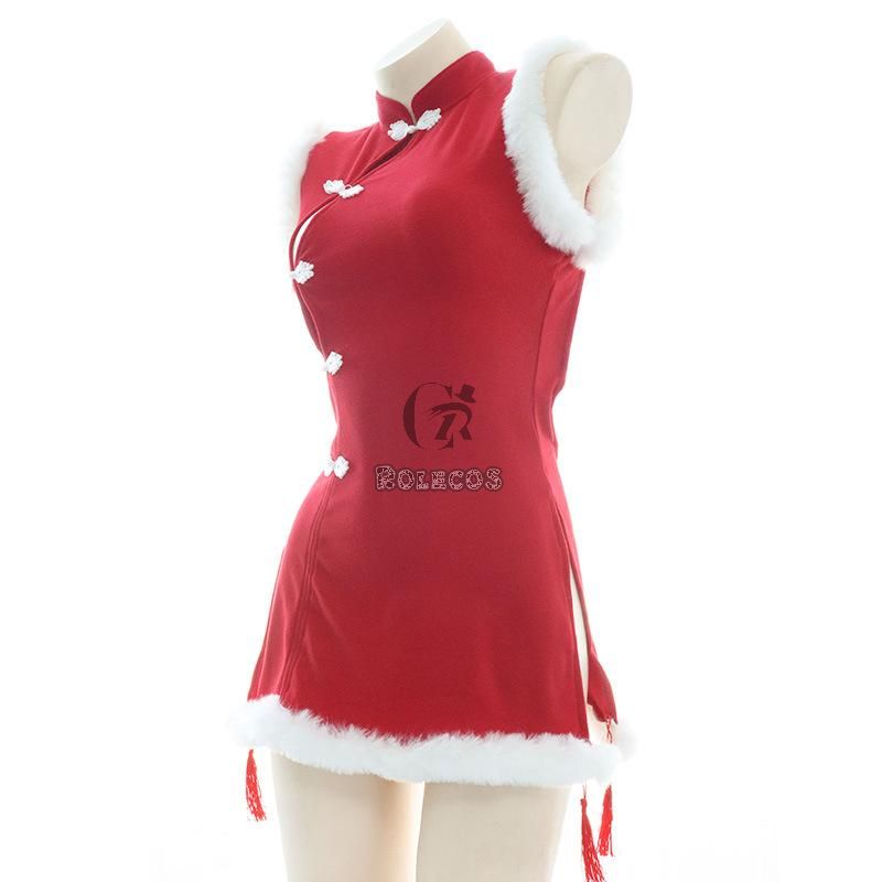 Sexy Backless Red Plush Cheongsam Cosplay Costume