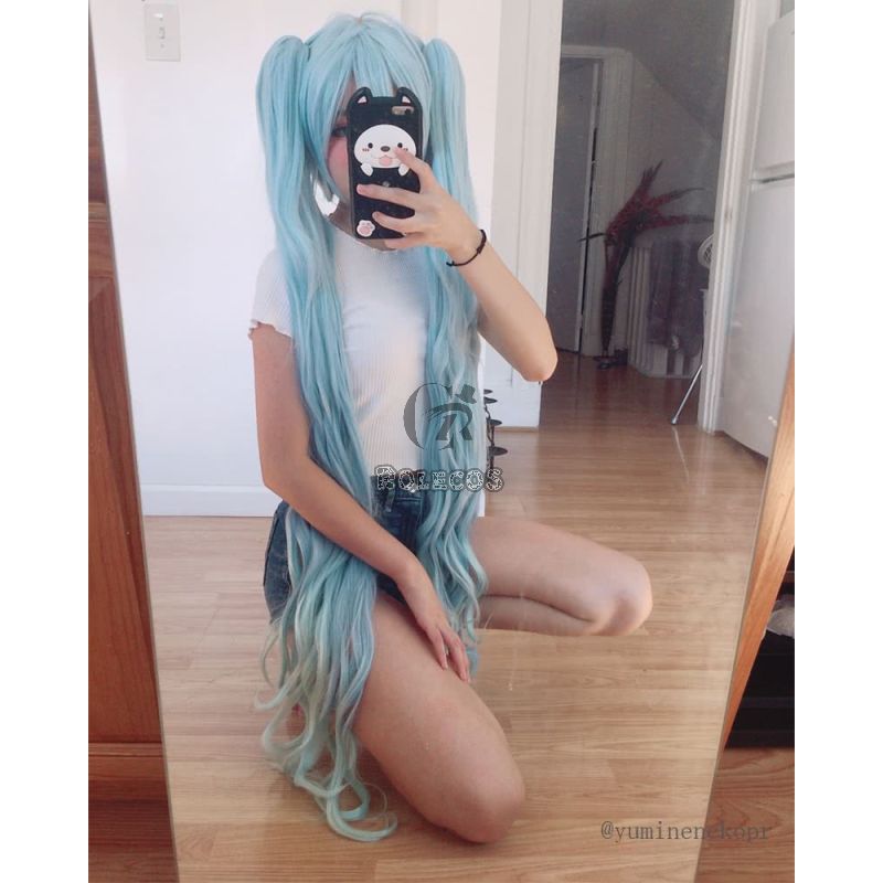 VOCALOID Hatsune Miku Light Blue Supper Long Curly Cosplay Wigs 