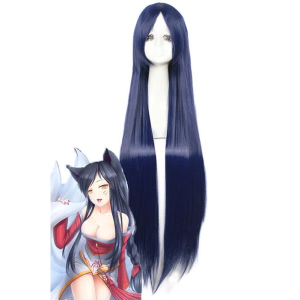 LOL the Nine-Tailed Fox Ahri Long Deep Blue Game Cosplay Woman Wigs
